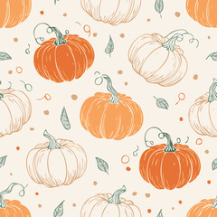 Seamless autumn pattern with orange pumpkins, green leaves, and decorative dots. Cozy seasonal design perfect for fall, Thanksgiving, and harvest themes
