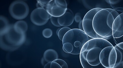 Transparent Blue Bubbles Floating on Dark Blue Background with Subtle Sparkles image