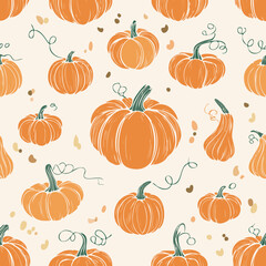 Seamless autumn pattern with orange pumpkins, green leaves, and decorative dots. Cozy seasonal design perfect for fall, Thanksgiving, and harvest themes
