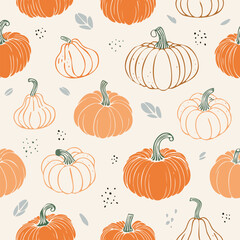 Seamless autumn pattern with orange pumpkins, green leaves, and decorative dots. Cozy seasonal design perfect for fall, Thanksgiving, and harvest themes