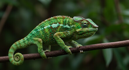 Obraz premium Close-up of a vibrant green chameleon perched on a branch, showcasing its intricate scales and detailed patterns against a blurred background of lush greenery.