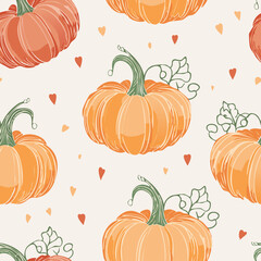 Seamless autumn pattern with orange pumpkins, green leaves, and decorative dots. Cozy seasonal design perfect for fall, Thanksgiving, and harvest themes