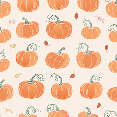 Seamless autumn pattern with orange pumpkins, green leaves, and decorative dots. Cozy seasonal design perfect for fall, Thanksgiving, and harvest themes