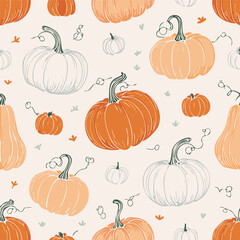 Seamless autumn pattern with orange pumpkins, green leaves, and decorative dots. Cozy seasonal design perfect for fall, Thanksgiving, and harvest themes