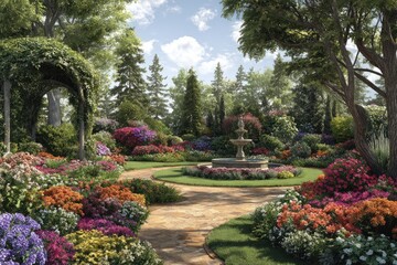 Colorful Garden Path with Fountain and Lush Plants