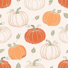 Seamless autumn pattern with orange pumpkins, green leaves, and decorative dots. Cozy seasonal design perfect for fall, Thanksgiving, and harvest themes