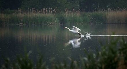A graceful swan takes flight over a tranquil lake, its reflection shimmering on the water's surface.