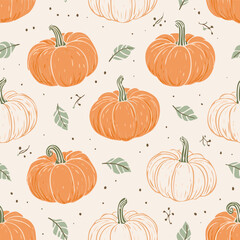 Seamless autumn pattern with orange pumpkins, green leaves, and decorative dots. Cozy seasonal design perfect for fall, Thanksgiving, and harvest themes