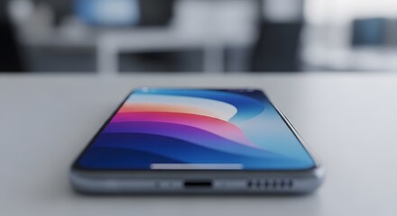 Sleek contemporary smartphone with a vibrant colorful screen lying on a white tabletop with a blurred office background.
