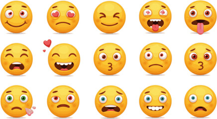 Fototapeta premium A set of classic round yellow smileys with crazy emotions. Funny, cute, horrible, creepy, freaky emoticons. Smiley memes for messengers. 