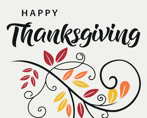 Vector art of happy thanksgiving text with autumn leaves and decorative swirls