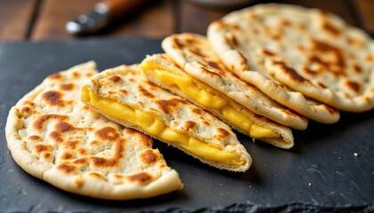 egg cheese roti sliced and arranged in linear layout on slate surface, texture and crispiness in focus, food photography style, high resolution, clear composition