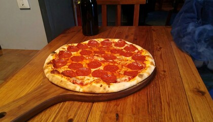 A pepperoni pizza on a wooden board