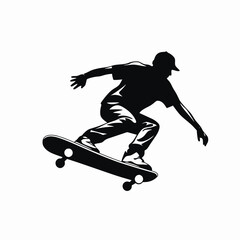 Fototapeta premium Dynamic skater airborne showcasing trick in black and white vector silhouette