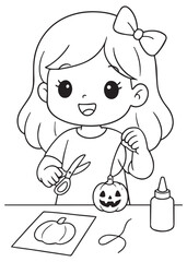 coloring book girl cutting pumpkin shape for halloween craft