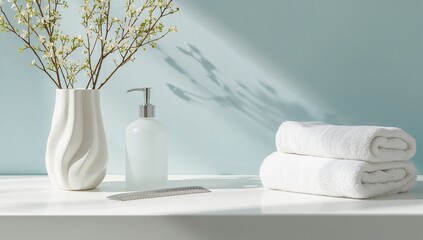 Spa bathroom towels soap dispenser vase flowers clean design