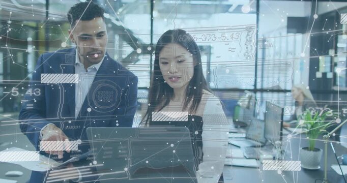 Man pointing laptop referencing data when overlay appearing in business meeting for insights
