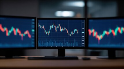 Stock Trading Visuals: A trio of computer screens display intricate stock market graphs, symbolizing the ever-changing dynamics of the global economy.