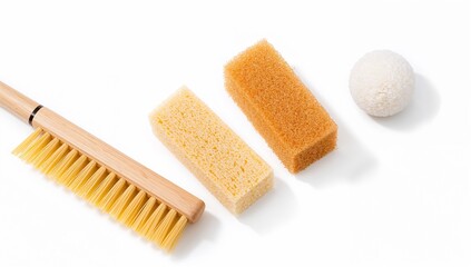 Cleaning brush cleaning sponge on white background with wool ball and wooden handle