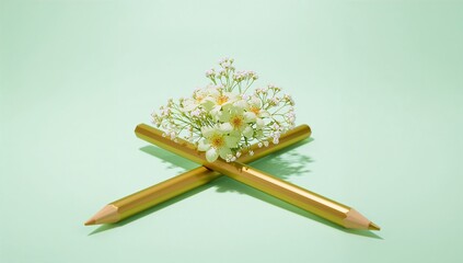 Pencil cross with golden pencil and daffodil flowers on mint background