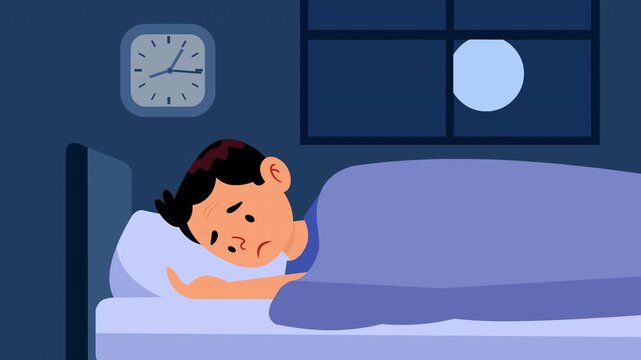 Sleepy awake man in bed suffers from insomnia 