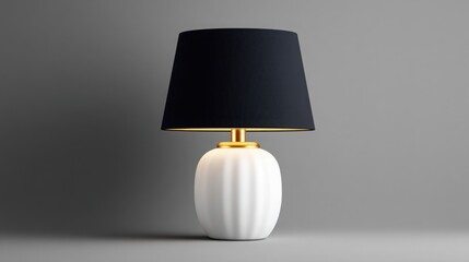 Elegant Luminescence: A sophisticated bedside lamp with a pristine white ceramic base and a sleek black shade, emanating a soft, inviting glow on a solid grey background.