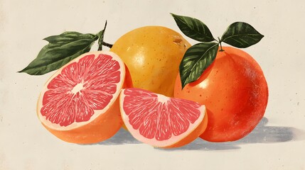 Intricately Detailed Vintage Minimalist Flat Illustration of Orange and Grapefruit in Retro Pastel Style