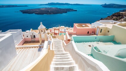 Obraz premium Staircase coastal landscape with pastel staircase houses and Aegean sea background