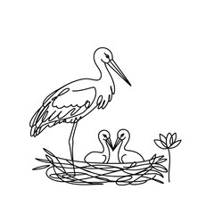 Stork family in nest with chicks and flower