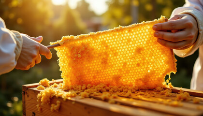 Honeycomb frame held by two hands with golden sunlight shining through, showcasing natural beeswax texture and fresh honey dripping on wooden beekeeping box outdoors