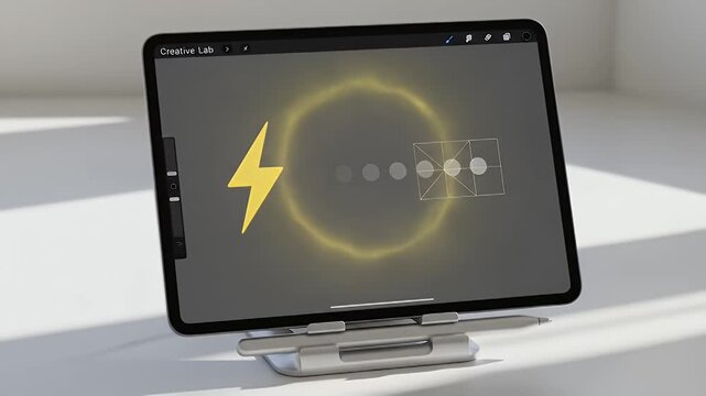 Tablet landscape rests in daylight; dot loader chases briefly, a 2�2 grid reveals smoothly, and the composition holds with a gentle, textless creative calm