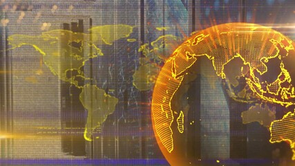 Scanning beam sweeping grid initiating globe forming and rotating revealing world amid glitch lines - Powered by Adobe