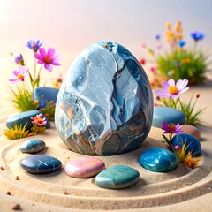 A smooth, patterned stone sits in a zen garden