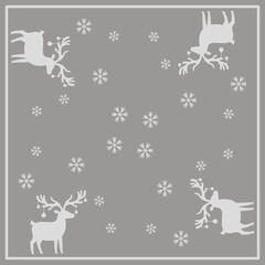 Gray background square design with symmetric pattern of white reindeer and snowflakes along the edges, decorative Christmas border ornament for napkins, cards, textiles and winter celebration.