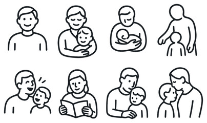 Family and parenting linear icon set. featuring father, mother, child, reading, hugging, and nurturing