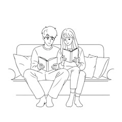 Young couple reading books together on a cozy sofa at home, enjoying a quiet and intimate moment of shared literature and relaxation.