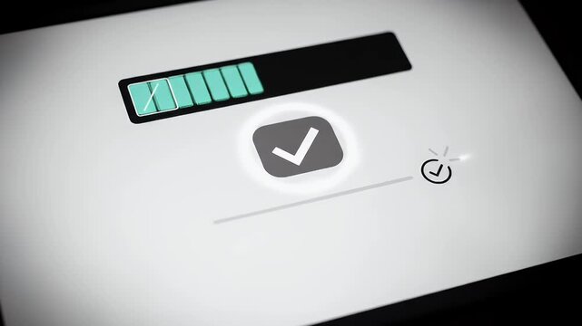 Tablet with rectangular caret block; a bolt triggers a thin progress bar that reaches completion before a neat check seals the result on a high-key desk