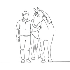Equestrian and horse standing together in a simple line drawing