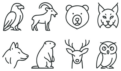 Naklejka premium Wild animals linear icon set. featuring eagle, goat, bear, lynx, wolf, beaver, deer, and owl symbols