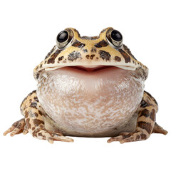Close up front view of a large bumpy toad with its mouth open and vocal sac inflated isolated on transparent background