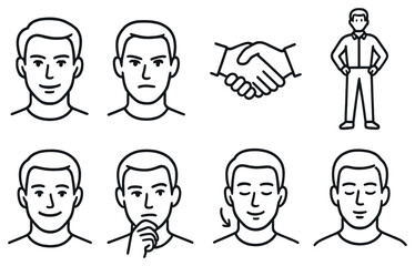 Fototapeta premium Facial expressions linear icon set. featuring neutral, angry, handshake, standing, happy, thinking, nodding, meditating icons
