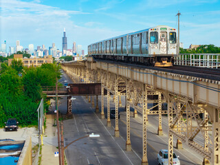 Chicago train on elevated track
