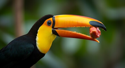 Fototapeta premium Close-up of a toucan with a piece of fruit in its large, vibrant beak, showcasing the bird's striking yellow and orange plumage against a blurred green background.