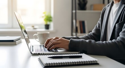 Person Working on Laptop at Desk with Notepad and Coffee Cup in Bright Office Space.