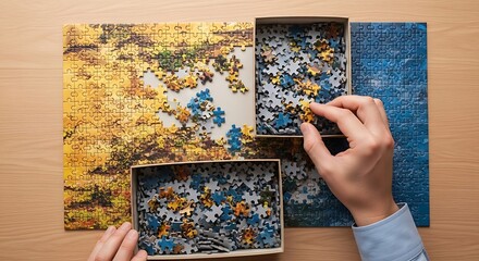 Hands assembling a challenging jigsaw puzzle with autumn and blue themes