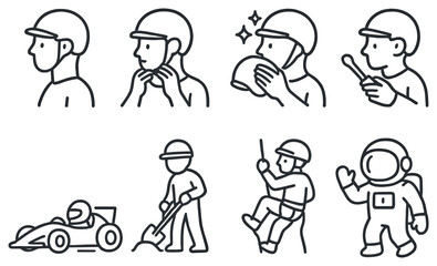 Naklejka premium Racing preparation and astronaut linear icon set. featuring helmet, suit, car, space