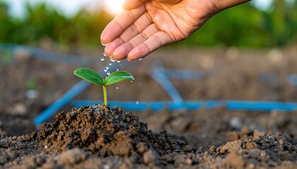 A hand watering a small plant sprout