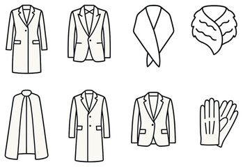 Fashion linear icon set. featuring coat, trench, scarf, shawl, cape, blazer, gloves