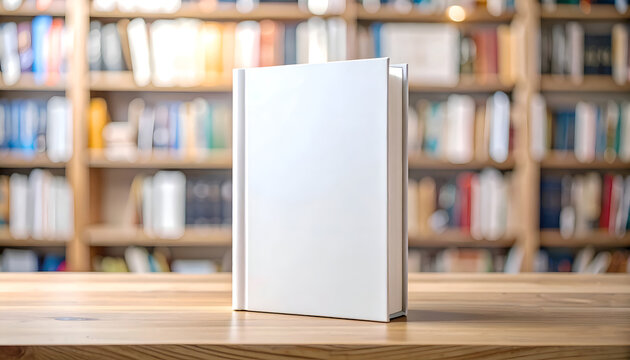 A blank book mockup standing upright on a wooden table with bokeh of a blurred bookshelf background, ideal for cover design presentations and marketing