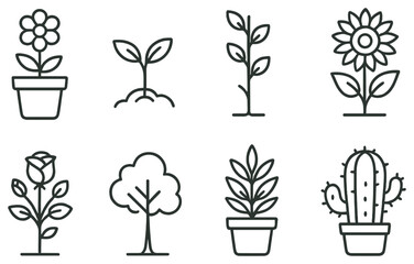 Nature linear icon set. featuring flower, seedling, plant, sunflower, rose, tree, potted plant, cactus